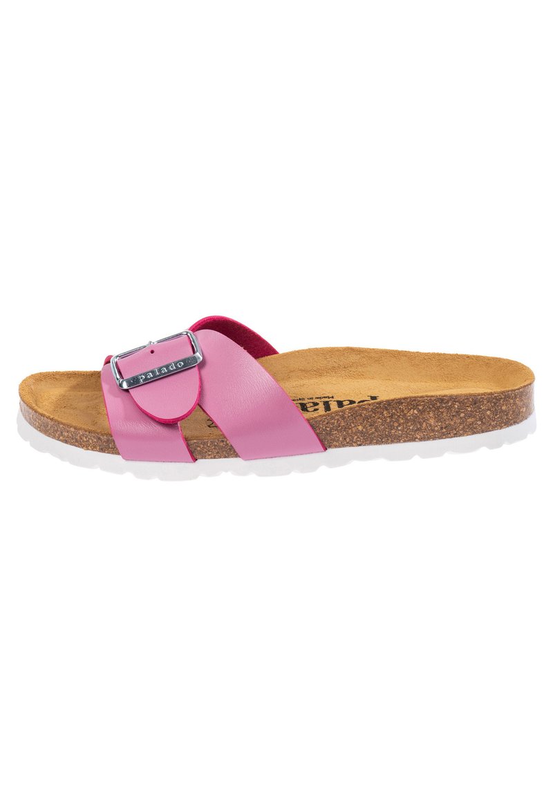 Sandal med sandleder i syntetiskt material i rosa och ett silverfärgat spänne. Korkmellansula med en texturerad tan fotbädd. Vitsgummi yttersula.