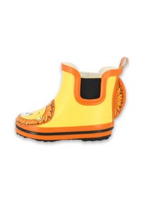 Gelbe Gummistiefel mit orangen Akzenten und einem Löwenkopf-Design. Verfügt über ein schwarzes elastisches Paneel und eine strukturierte, rillenförmige Sohle für bessere Traktion.