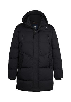 Schwarze gepolsterte Parkajacke mit Kapuze, ausgestattet mit zwei vorderen Reißverschlusstaschen, einem Reißverschluss und einem strukturierten Stoff, ideal für kaltes Wetter.