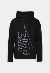 Sudadera con capucha negra que presenta un gran logo blanco de Nike en la parte frontal, con cordones y un bolsillo con cremallera en la manga.