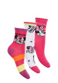 Drei Paare bunter Kindersocken: eine pinke mit "BE YOU", eine weiße mit Punkten und Minnie Mouse, eine gestreifte in Pink, Orange und Gelb.