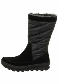 Botas de invierno negras con parte inferior de gamuza suave, parte superior sintética acolchada, ribete de piel sintética y suela de goma texturizada para mayor tracción.