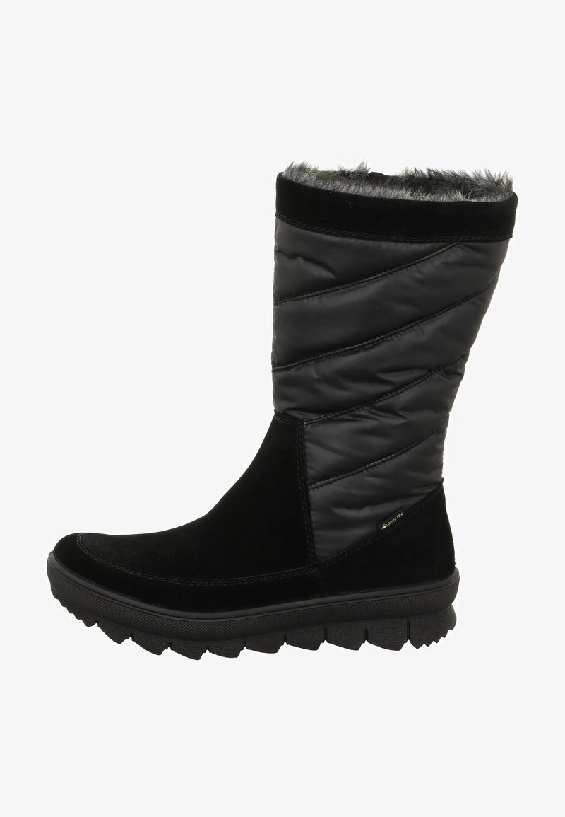 Botas de invierno negras con parte inferior de gamuza suave, parte superior sintética acolchada, ribete de piel sintética y suela de goma texturizada para mayor tracción.