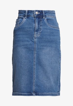 Denim kokerrok in medium blauw, met een hoge taille, voorzakken en een rechte snit, voorzien van zichtbare stiksel details.