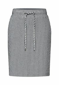 Proužkovaná sukně v šedé a bílé barvě s tahem v pase na stažení. Vyrobena z texturované látky s vertikálními pruhy a mírně zakřiveným lemem.