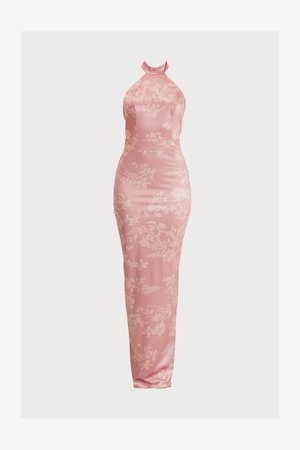 Pink satin dress with a floral pattern, halter neck design, fitted silhouette, and a floor-length hem. Smooth texture with a slight sheen.