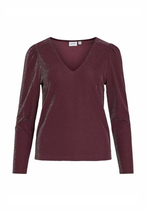Bordeaux långärmad topp med djupt V-ringad hals, tillverkad av ett texturerat, skimrande tyg. Har gathered axlar för extra detaljer.