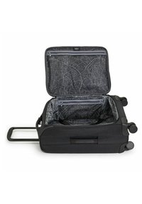Black wheeled suitcase with a smooth exterior, patterned interior, dual zippers, and extendable handle. Features four wheels for mobility.