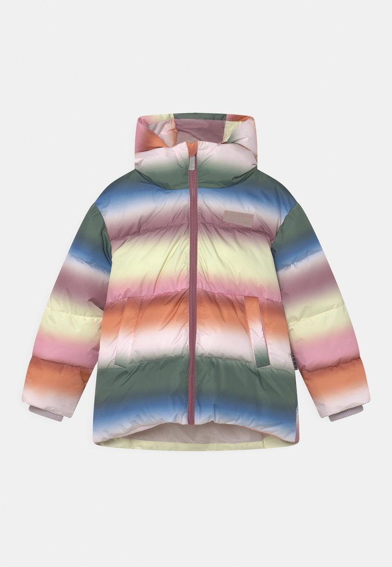 Doudoune avec des rayures horizontales en dégradé de couleurs pastel, capuche, fermeture éclair à l'avant et poches latérales, conçue pour temps froid.