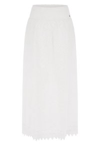 Witte midi-rok met een gerimpelde tailleband, voorzien van oogjesborduurwerk en een kantafwerking aan de onderrand. Lichtgewicht stof.