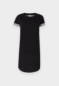 Czarna sukienka t-shirtowa z krótkimi rękawami, ozdobiona wzorzystym szarym akcentem przy mankietach. Wykonana z miękkiej, lekkiej tkaniny, z okrągłym dekoltem.
