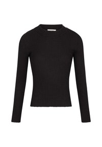 Haut à manches longues noir en maille côtelée avec un col haut et une silhouette ajustée. Présente une texture subtile et des détails de design minimalistes.
