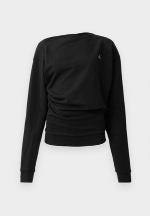 Black sweatshirt with long sleeves, asymmetrical neckline, gathered texture on one side, and a small colored logo on the chest.