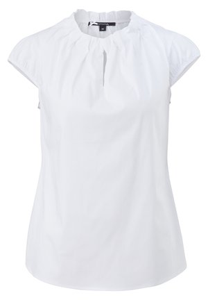 Blouse blanche à manches courtes avec un col rond froncé et une petite découpe en forme de goutte d'eau au centre devant.
