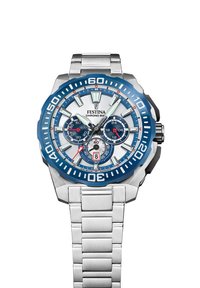 Sidabrinis nerūdijančio plieno laikrodis su mėlynu rėmeliu, mėlynu ir sidabriniu ciferblatu, dideliais numeriais, chronografo funkcijomis ir trimis subciferblatais.
