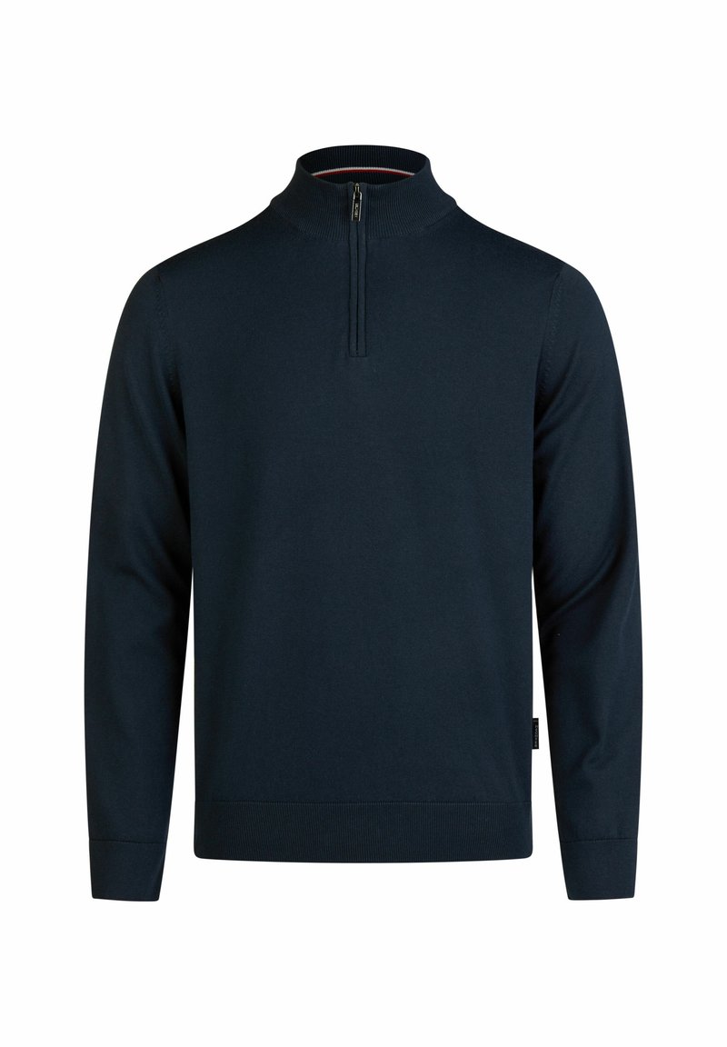 Dunkelblauer Pullover mit hohem Kragen, Reißverschluss am Hals und gerippten Bündchen. Hergestellt aus weichem Material mit glatter Textur. Keine Muster oder Akzente.