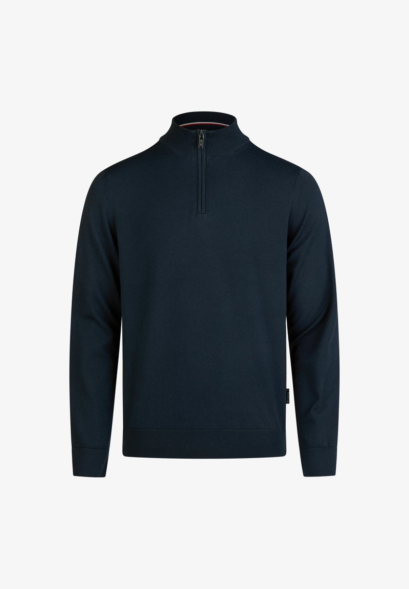 Granatowy sweter z wysokim kołnierzem, zamkiem błyskawicznym przy szyi oraz ściągaczami przy mankietach. Wykonany z miękkiego materiału o gładkiej fakturze. Bez wzorów ani akcentów.
