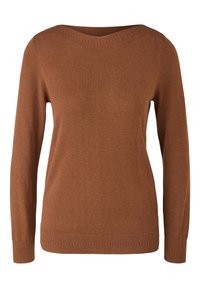 Pull marron en maille à manches longues avec col rond, poignets et ourlet côtelés, présenté de face sur fond blanc.