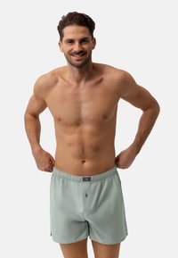 Hellgrüne gestreifte Badehose mit elastischem Bund, Knopfdetail auf der Vorderseite und seitlichen Schlitzen für verbesserten Bewegungsfreiheit. Aus Baumwolle.