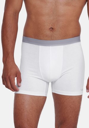White cotton boxer briefs with a grey elastic waistband, featuring a front pouch and smooth texture, designed for comfort and support.
