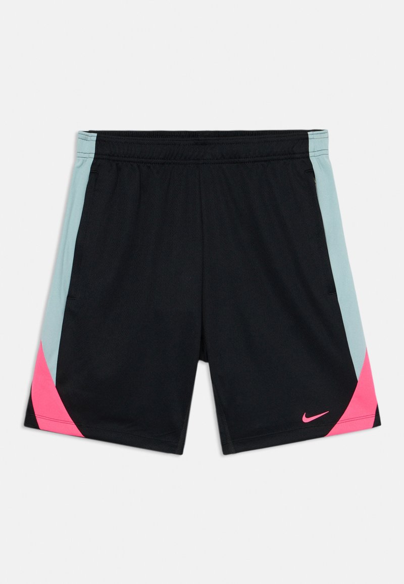 Shorts de sport noirs avec des accents latéraux bleu clair et rose, dotés d'une texture douce et d'une taille élastique. Logo Nike en rose sur l'ourlet.