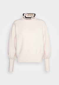 Weiße Pulloverweste mit einem hohen, gerafften Kragen in Schwarz und Creme. Besitzt Ballonärmel und gerippte Bündchen für Textur und Passform.