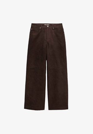Brown suede wide-leg pants with a high waist, featuring five pockets and silver hardware. Smooth texture and clean lines.