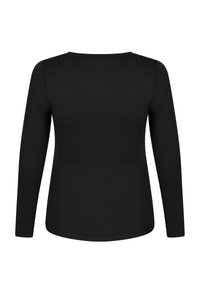 Schwarzes Langarmoberteil mit runder Ausschnittform, aus glattem Stoff, mit figurbetontem Schnitt und abgerundetem Saum hinten.
