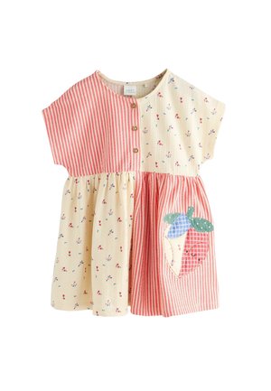 Cream and red toddler dress with floral and stripe patterns, three front buttons, and a patch of a smiling strawberry with leaves.