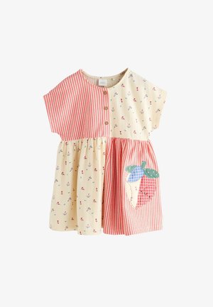 Cream and red toddler dress with floral and stripe patterns, three front buttons, and a patch of a smiling strawberry with leaves.