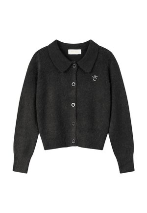 Schwarzer Cardigan mit Knöpfen, langen Ärmeln, rundem Kragen und kleinem gesticktem Logo auf der linken Brust.