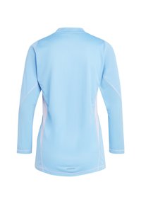 Blauwe sportieve lange mouwen shirt met een gestructureerde stof, witte zijaccenten en een eenvoudig ronde hals ontwerp. AEROREADY logo aan de zoom.