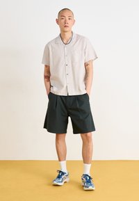 Chemise à manches courtes, à boutons, avec des rayures blanches et grises, assortie à un short vert foncé. Portée avec des chaussures de sport et des chaussettes blanches.