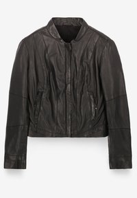 Svart kort skinnjacka med slät textur, med rund krage, dragkedja framtill och två sidofickor. Detaljerad sömnad som accentuerar designen.