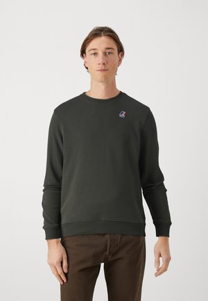 Felpa verde scuro in cotone, con colletto rotondo, polsini a costine e un piccolo logo colorato sul petto.