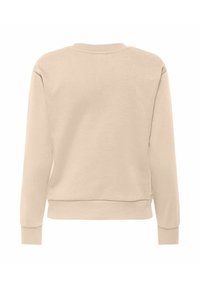 Sweatshirt beige à manches longues et col rond avec poignets et ourlet côtelés, vu de dos sur un fond blanc.