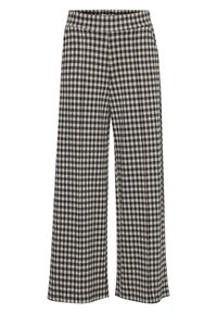 Pantalon large en vichy noir et blanc avec une taille élastique. Le tissu semble doux avec une texture lisse et un motif régulier.