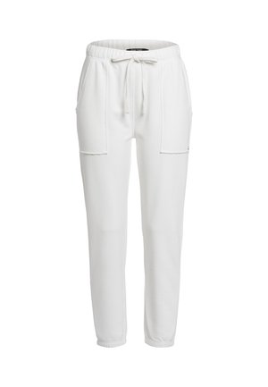 Weiße Sweatpants aus weichem Stoff, mit einem Kordelzugbund, zwei Vordertaschen und einem lässigen, schmal zulaufenden Beindesign.