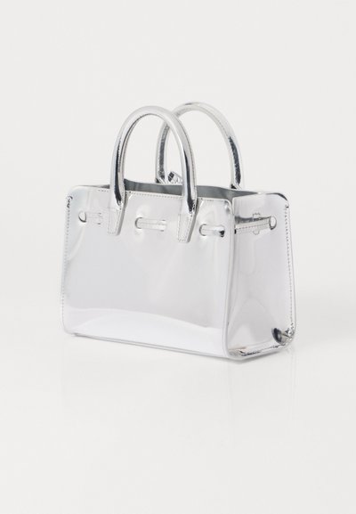 Transparent plastic handbag with a rectangular shape, dual rounded handles, and minimal stitching details. Reflective silver finish.