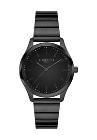 Schwarze Armbanduhr mit einem eleganten, matten Finish, runder Gehäuseform und passendem Armband. Verfügt über minimalistische Stundenmarkierungen und silberne Zeiger.