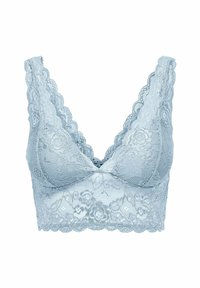 Bralette in pizzo di colore azzurro chiaro con bordi ondulati, coppe morbide e motivi floreali che creano una finitura testurizzata. Design senza ferretto.
