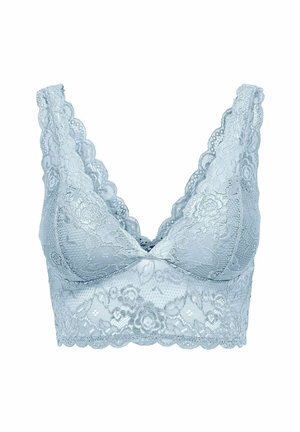 Bralette in pizzo di colore azzurro chiaro con bordi ondulati, coppe morbide e motivi floreali che creano una finitura testurizzata. Design senza ferretto.