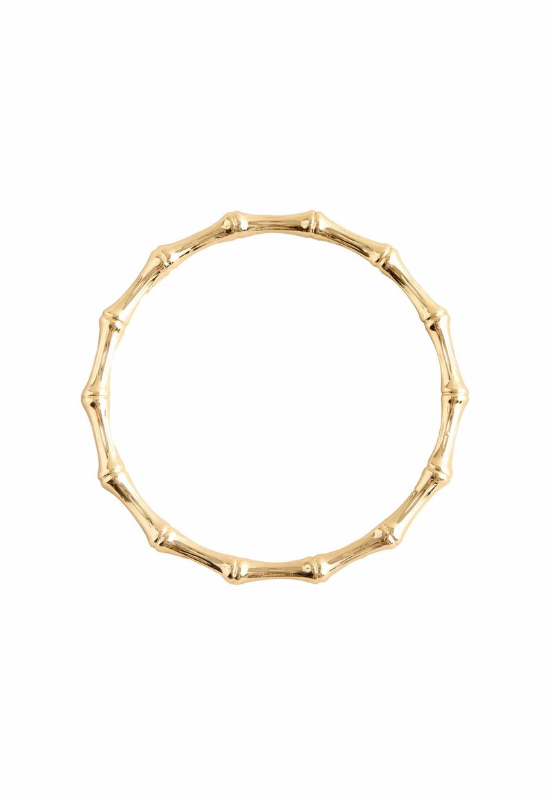 Bracelet jonc en métal doré présentant un design inspiré du bambou avec des sections alternées texturées et lisses, créant un motif naturaliste.