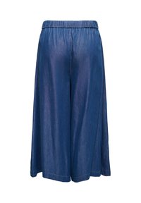 Wide-leg cropped blue denim pants with an elastic waistband, shown from the back on a white background.