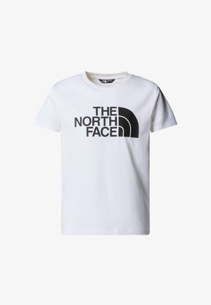 Camiseta blanca de algodón con un diseño de logotipo impreso en negro que incluye el texto "THE NORTH FACE" y un patrón curvado icónico.