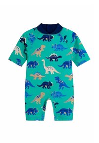 Maillot de bain à manches courtes avec un fond turquoise ornée de divers motifs de dinosaures en bleu, vert et beige. Comprend un col marine.