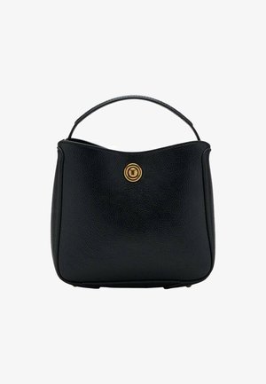 Borsa a tracolla in pelle nera con un top arrotondato, dettagli in metallo dorato e una forma strutturata. Texture liscia con un manico singolo.