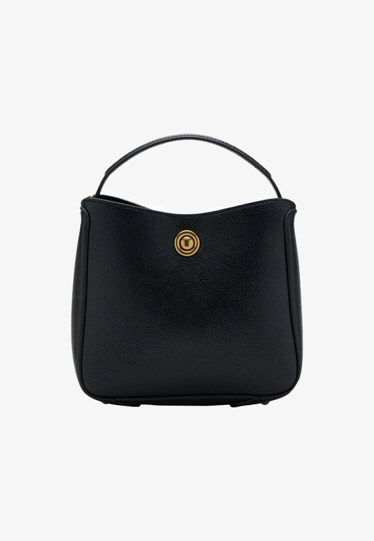 Schwarze Lederhandtasche mit abgerundetem oberen Teil, goldenen Beschlägen und einer strukturierten Form. Glatte Textur mit einem einzigen Griff.