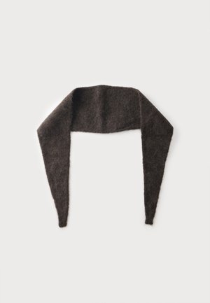 Bandeau en maille duveteuse marron foncé avec de longues extrémités effilées, présenté à plat sur un fond blanc.