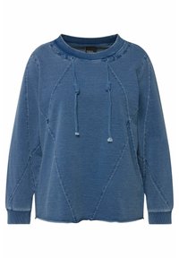 Světle modrá mikina s kulatým výstřihem, dlouhými rukávy, předními šňůrkami a kontrastním prošíváním v diamantovém vzoru. Měkká textura.